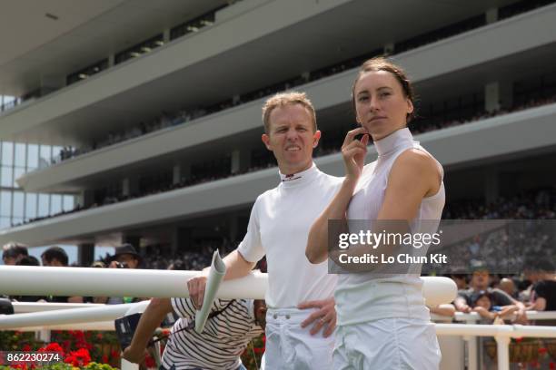 Jockey Kerrin McEvoy and Katelyn Mallyon watch the race during the World All-Star Jockeys Day 1 on August 26, 2017 in Sapporo, Hokkaido, Japan. The...