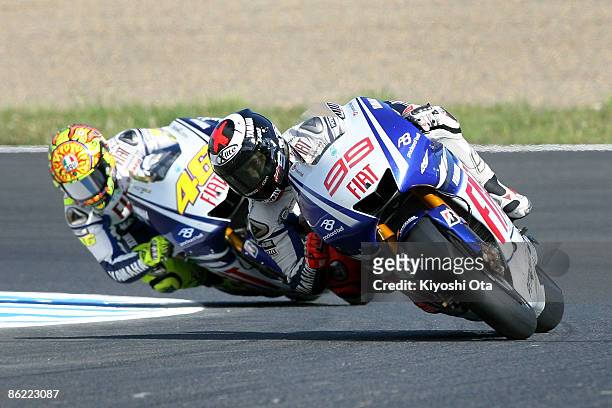 Jorge Lorenzo of Spain and Fiat Yamaha Team and Valentino Rossi of Italy and Fiat Yamaha Team in action during the MotoGP World Championship Grand...