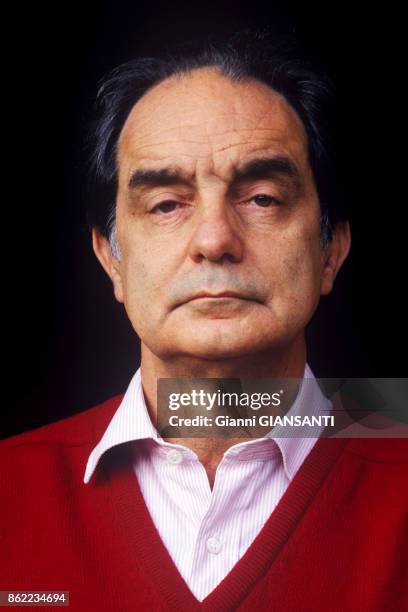 écrivain italien Italo Calvino chez lui à Rome en décembre 1984, Italie.