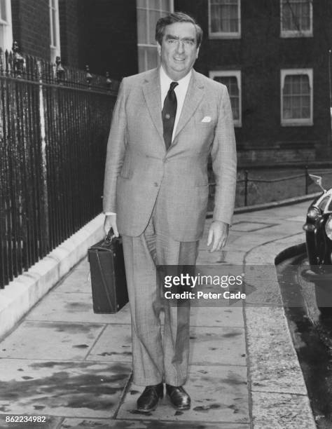 Denis Healey , the Chancellor of the Exchequer, arrives in Downing Street, London, for a cabinet meeting, 26th March 1976. He is in the running for...