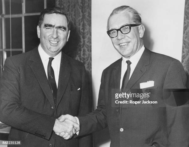 Denis Healey , the Secretary of State for Defence, greets Kai-Uwe von Hassel , the German Defence Minister, at the Ministry of Defence in London,...