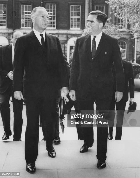 Denis Healey , the British Secretary of State for Defence, and his French counterpart Pierre Messmer outside the Ministry of Defence in London, 17th...