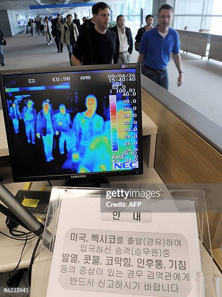 Thermal camera system monitors the body heat of passengers arriving from abroad to check for possible infections at Incheon Airport in Incheon, west...