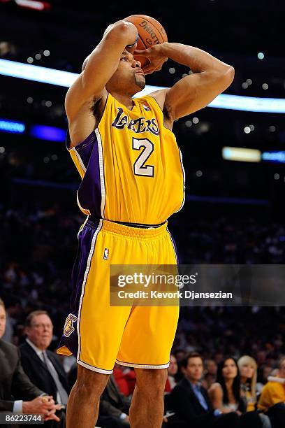 Derek Fisher of the Los Angeles Lakers shoots a jumper against the Utah Jazz in Game Two of the Western Conference Quarterfinals during the 2009 NBA...