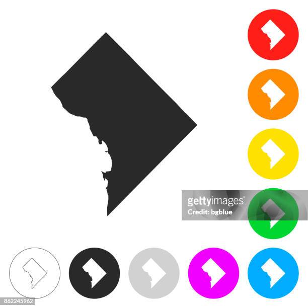 district of columbia karte - flache symbole auf verschiedenen farbigen tasten - washington dc stock-grafiken, -clipart, -cartoons und -symbole