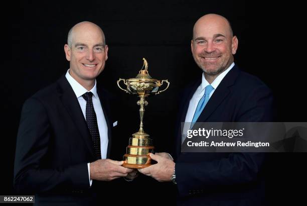 Jim Furyk of the United States, Captain of Team America and Thomas Bjorn of Denmark, Captain of Team Europe pose for a portrait with the Ryder Cup...