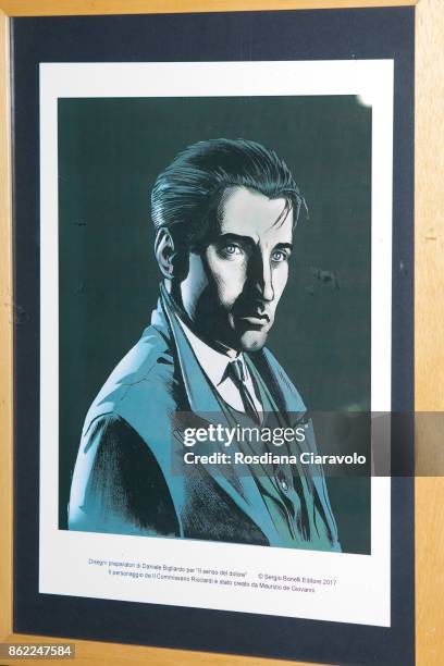 Exhibition of ' Le Stagioni Del Commissario Ricciardi - Il Senso Del Dolore' drawing boards during the presentation of Graphic Novel based on...