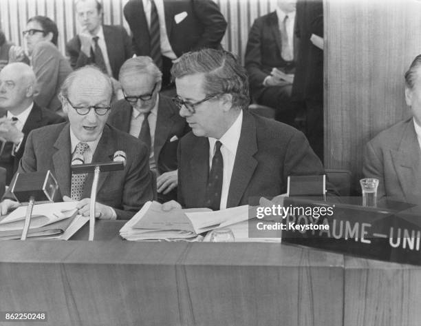 British Conservative politician Anthony Barber , Chancellor of the Exchequer, and Sir Geoffrey Howe , the Minister of State for Trade, attend the...