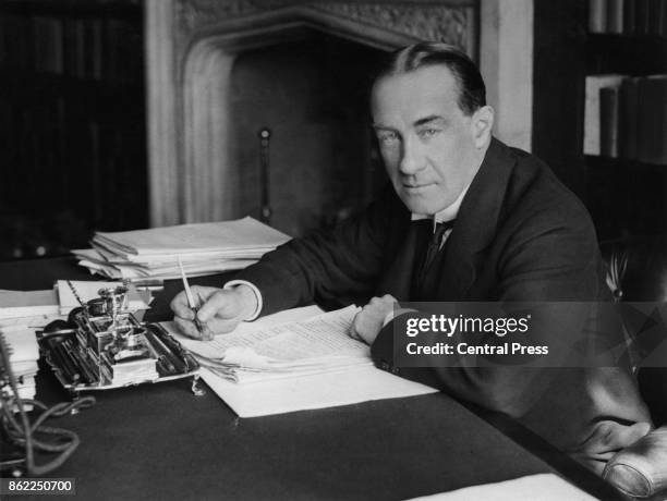 British Prime Minister Stanley Baldwin in the study at Chequers, the PM's official country residence, England, circa 1925.