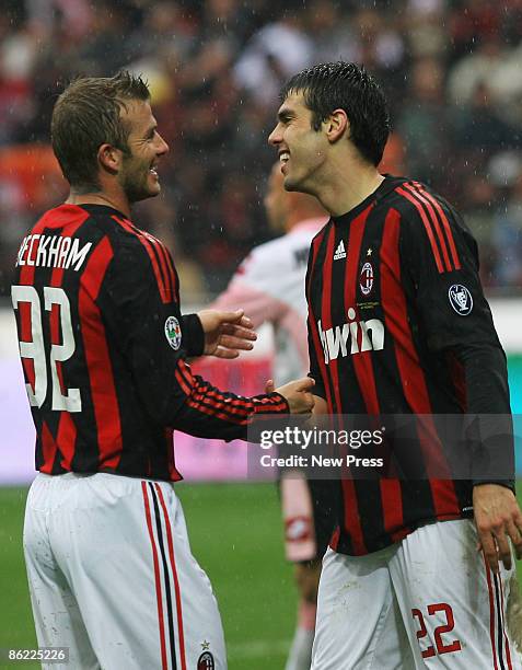 David Beckham and Kaka of Milan laugh during the Serie A match between AC Milan and US Citta di Palermo at the San Siro Stadium on April 26, 2009 in...