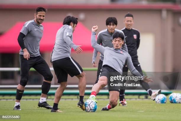 Players of Urawa Red Diamonds attend a training session ahead attends the press conference before the AFC Champions League semi final second leg...