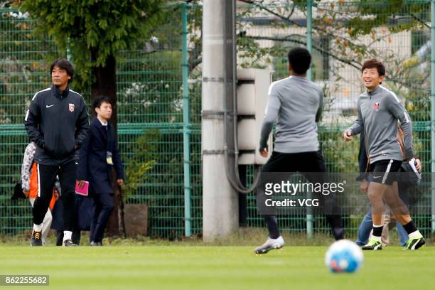 Head coach Takafumi Hori of Urawa Red Diamonds attends a training session ahead of the AFC Champions League semi final second leg match between Urawa...