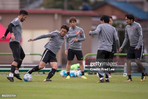 Players of Urawa Red Diamonds attend a training session ahead attends the press conference before the AFC Champions League semi final second leg...