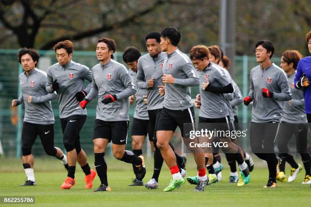 Players of Urawa Red Diamonds attends a training session ahead of the AFC Champions League semi final second leg match between Urawa Red Diamonds and...