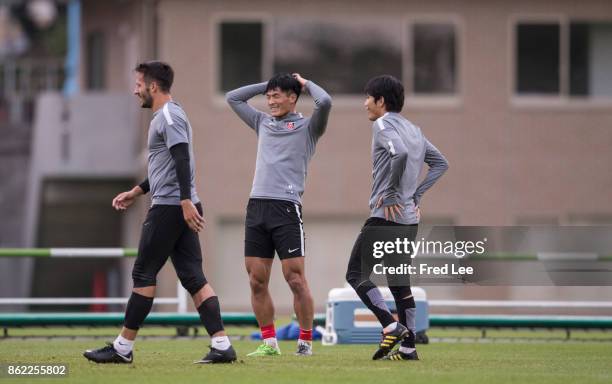 Players of Urawa Red Diamonds attend a training session ahead attends the press conference before the AFC Champions League semi final second leg...