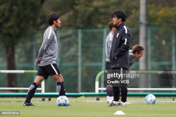 Head coach Takafumi Hori of Urawa Red Diamonds attends a training session ahead of the AFC Champions League semi final second leg match between Urawa...