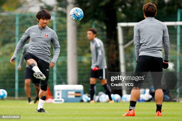 Players of Urawa Red Diamonds attends a training session ahead of the AFC Champions League semi final second leg match between Urawa Red Diamonds and...