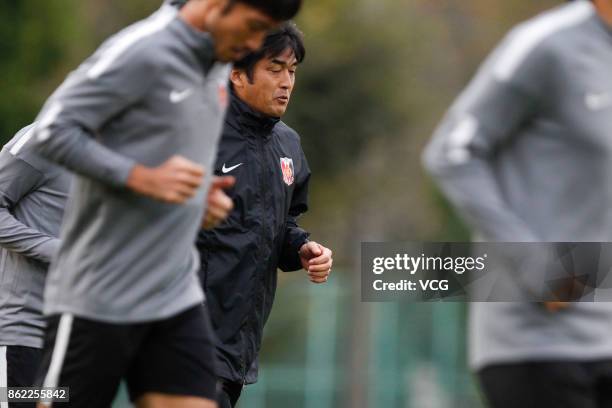 Head coach Takafumi Hori of Urawa Red Diamonds attends a training session ahead of the AFC Champions League semi final second leg match between Urawa...