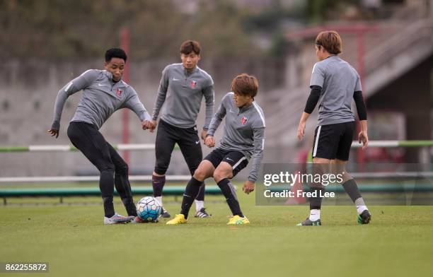 Players of Urawa Red Diamonds attend a training session ahead attends the press conference before the AFC Champions League semi final second leg...