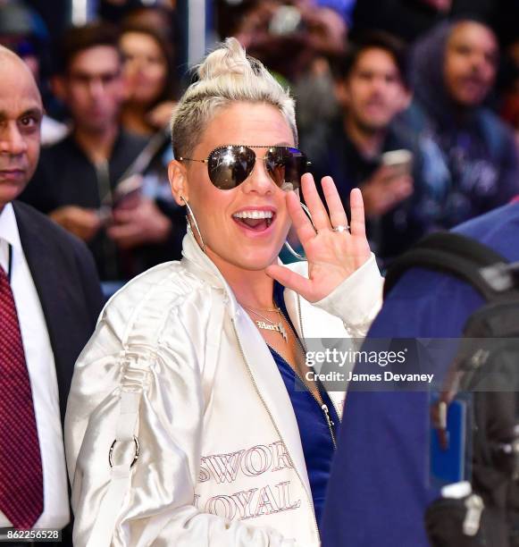 Pink leaves ABC's "Good Morning America" in Times Square on October 16, 2017 in New York City.
