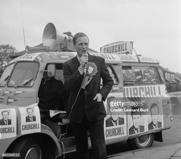 Winston Churchill , the son of Randolph Churchill and grandson of Sir Winston Churchill, electioneering as the Conservative candidate in the...