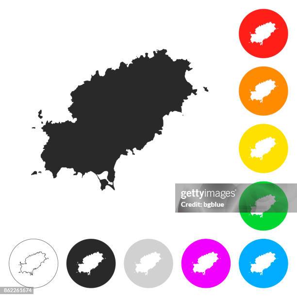 illustrazioni stock, clip art, cartoni animati e icone di tendenza di mappa ibiza - icone piatte su pulsanti di colore diversi - ibiza island