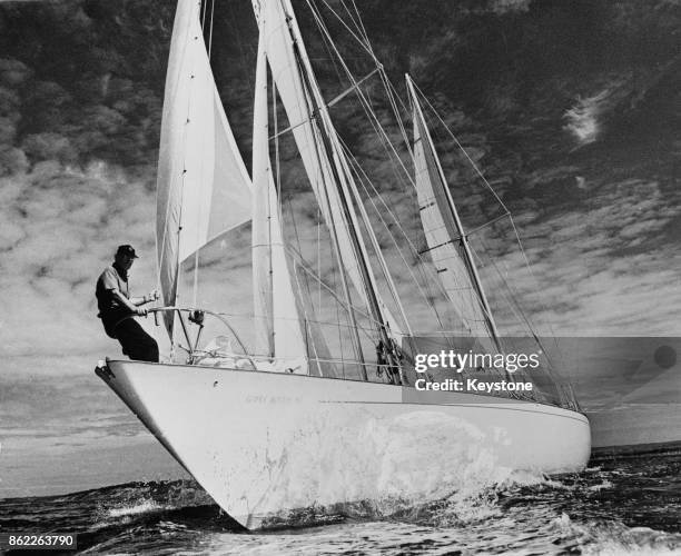 British sailor Francis Chichester during trials of his ketch 'Gipsy Moth IV' for his upcoming attempt to circumnavigate the globe single-handedly,...