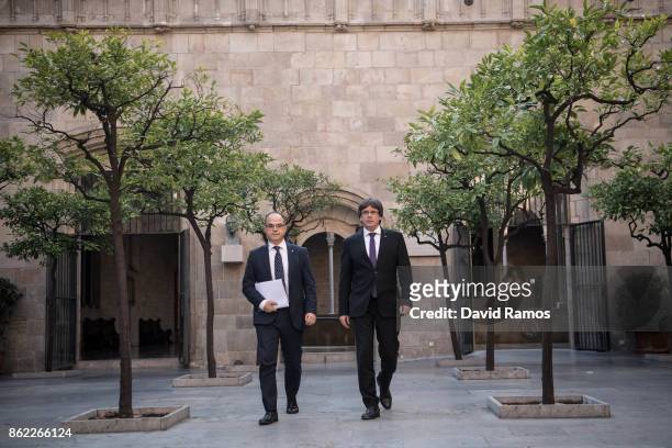 President of Catalonia, Carles Puigdemont and Jordi Turull, Catalonia's government spokesman, arrive at a government meeting at the Palau de la...