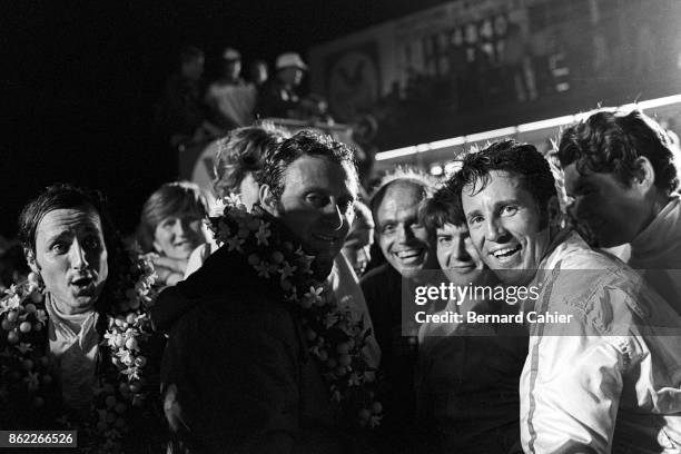 Mario Andretti, Nino Vaccarella, Ignazio Giunti, 12 Hours of Sebring, Sebring, 21 March 1970. An ecstatic Mario Andretti after his stupendous win in...