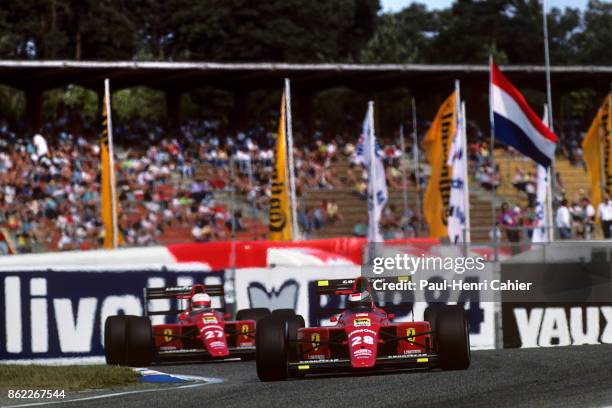 Gerhard Berger, Nigel Mansell, Ferrari 640, Grand Prix of Germany, Hockenheimring, 30 July 1989. Gerhard Berger leading from Ferrari teammate Nigel...