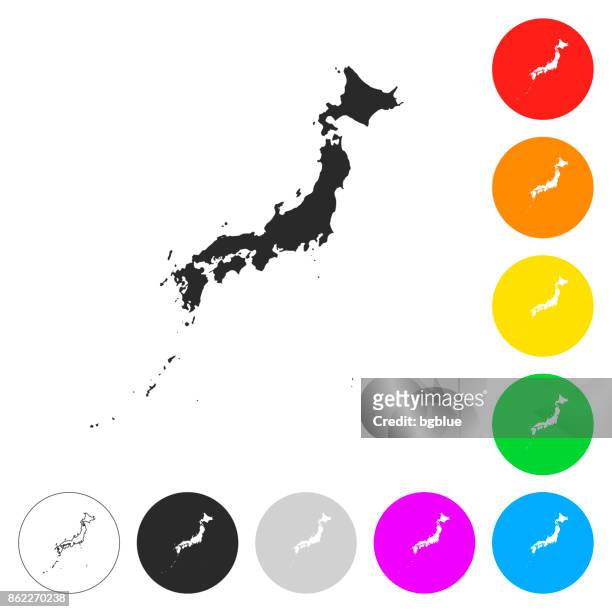 japan map - flat icons on different color buttons - sea of japan or east sea stock illustrations