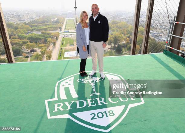 Thomas Bjorn, Captain of Europe and girlfriend Grace Barber pose on a platform on the Eiffel Tower during the Ryder Cup 2018 Eiffel Tower Stunt on...