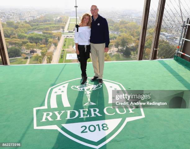 Jim Furyk, Captain of The United States and wife Tabitha pose on a platform on the Eiffel Tower during the Ryder Cup 2018 Eiffel Tower Stunt on...