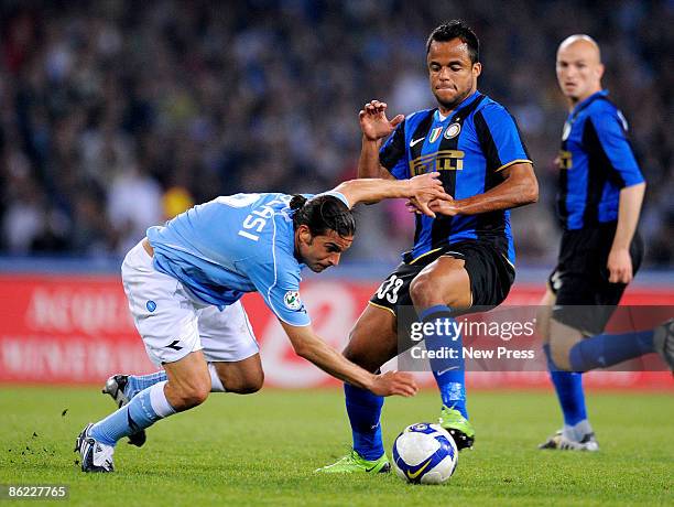 Manuele Blasi of Napoli challenges Amantino Mancini of Inter during the Serie A match between Napoli and Inter at the Stadio San Paolo on April 26,...