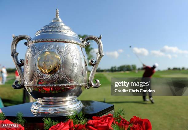 April 26: The tournament trophy is displayed on the first tee during the final round of the Legends Division at the Liberty Mutual Legends of Golf at...