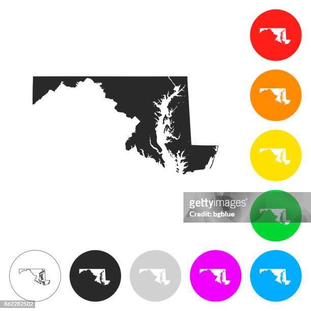 maryland karte - flache symbole auf verschiedenen farbigen tasten - annapolis stock-grafiken, -clipart, -cartoons und -symbole
