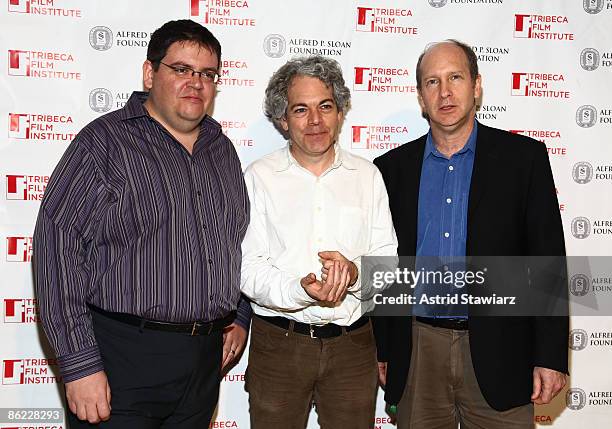 Tribeca Film Festival CEO Brian Newman, director Michael Almereyda and Alfred P. Sloan Foundation program director Doron Weber attend the "Sloan"...