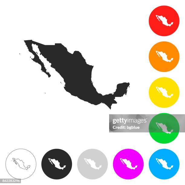 mexico map - flat icons on different color buttons - mexico border stock illustrations