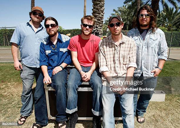 Musicians Anders Beck, Paul Hoffman, Mike Devol, Michael Arlen Bont, and David Bruzza of Greensky Bluegrass pose backstage during day two of...