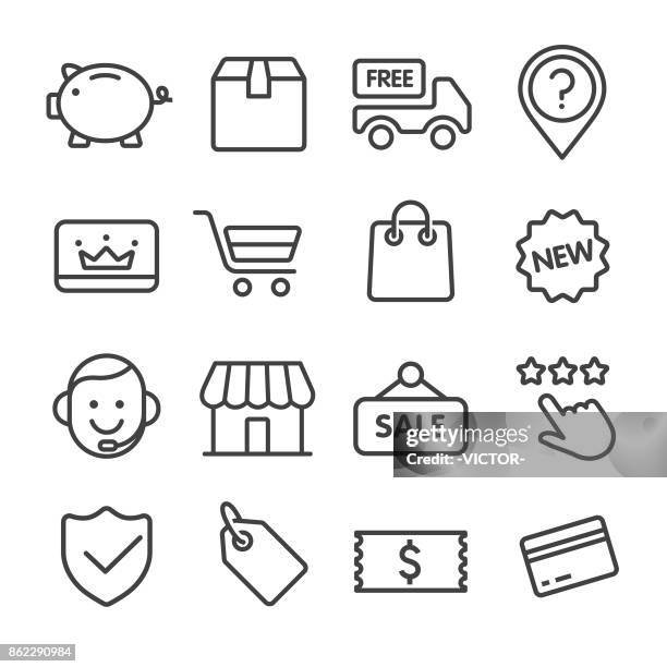 shopping and retail icons set - line series - american one dollar bill stock illustrations