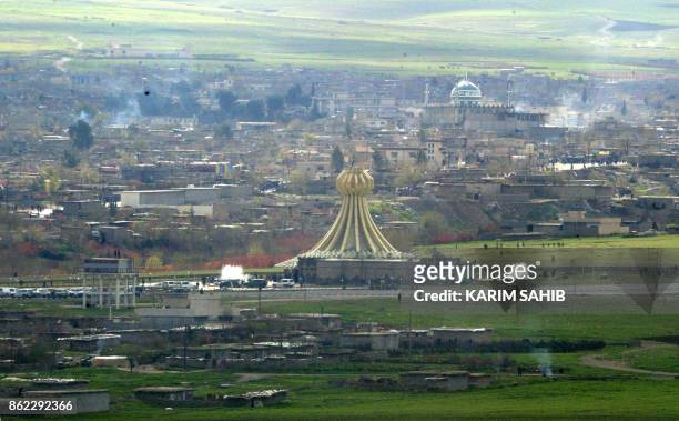 An aerial view dated 16 March 2004 of the Kurdish Iraqi town of Halabja, near the Iranian border, where 5,000 Kurds were gassed by Saddam Hussein's...