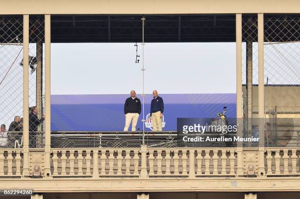 Jim Furyk , Captain of The United States and Thomas Bjorn , Captain of Europe tee off from a platform on the Eiffel Tower during the Ryder Cup 2018...