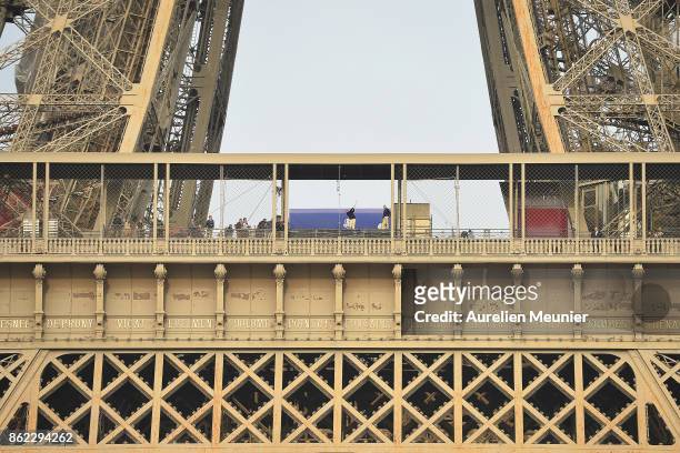 General view as Jim Furyk, Captain of The United States and Thomas Bjorn, Captain of Europe tee off from a platform on the Eiffel Tower during the...