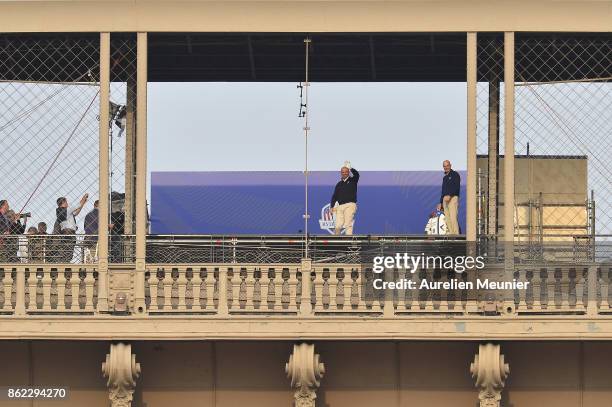 Thomas Bjorn, Captain of Europe waves from a platform on the Eiffel Tower during the Ryder Cup 2018 Eiffel Tower Stunt on October 17, 2017 in Paris,...