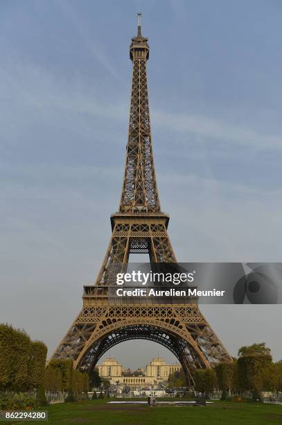 General view as Jim Furyk, Captain of The United States and Thomas Bjorn, Captain of Europe tee off from a platform on the Eiffel Tower during the...