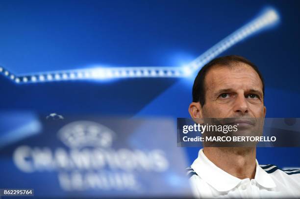 Juventus' coach Massimiliano Allegri attends a press conference on the eve of the UEFA Champions League football match Juventus Vs Sporting CP...