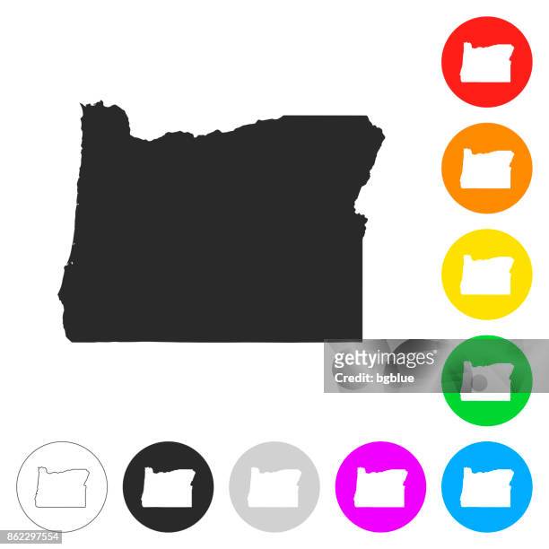 oregon map - flat icons on different color buttons - oregon us state stock illustrations