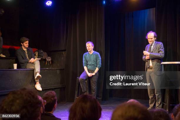 Panayotis Pascot, Alex Lutz and Jean-Marc Dumontet attend JMD Press Conference at Point Virgule on October 17, 2017 in Paris, France.