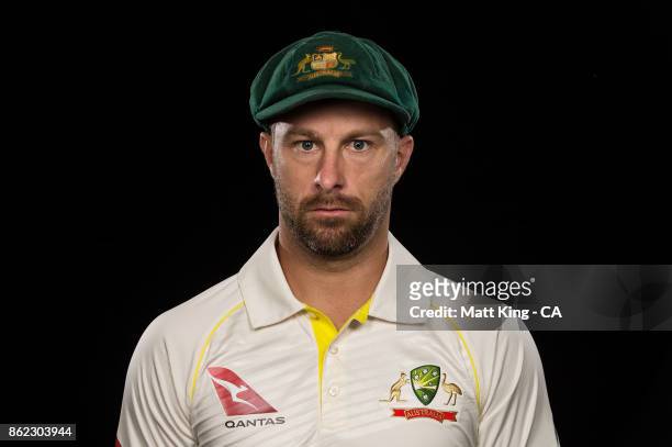 Matthew Wade of Australia poses during the Australia Test cricket team portrait session at Intercontinental Double Bay on October 15, 2017 in Sydney,...