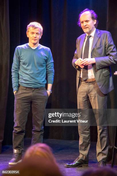 Alex Lutz and Jean-Marc Dumontet attend JMD Press Conference at Point Virgule on October 17, 2017 in Paris, France.